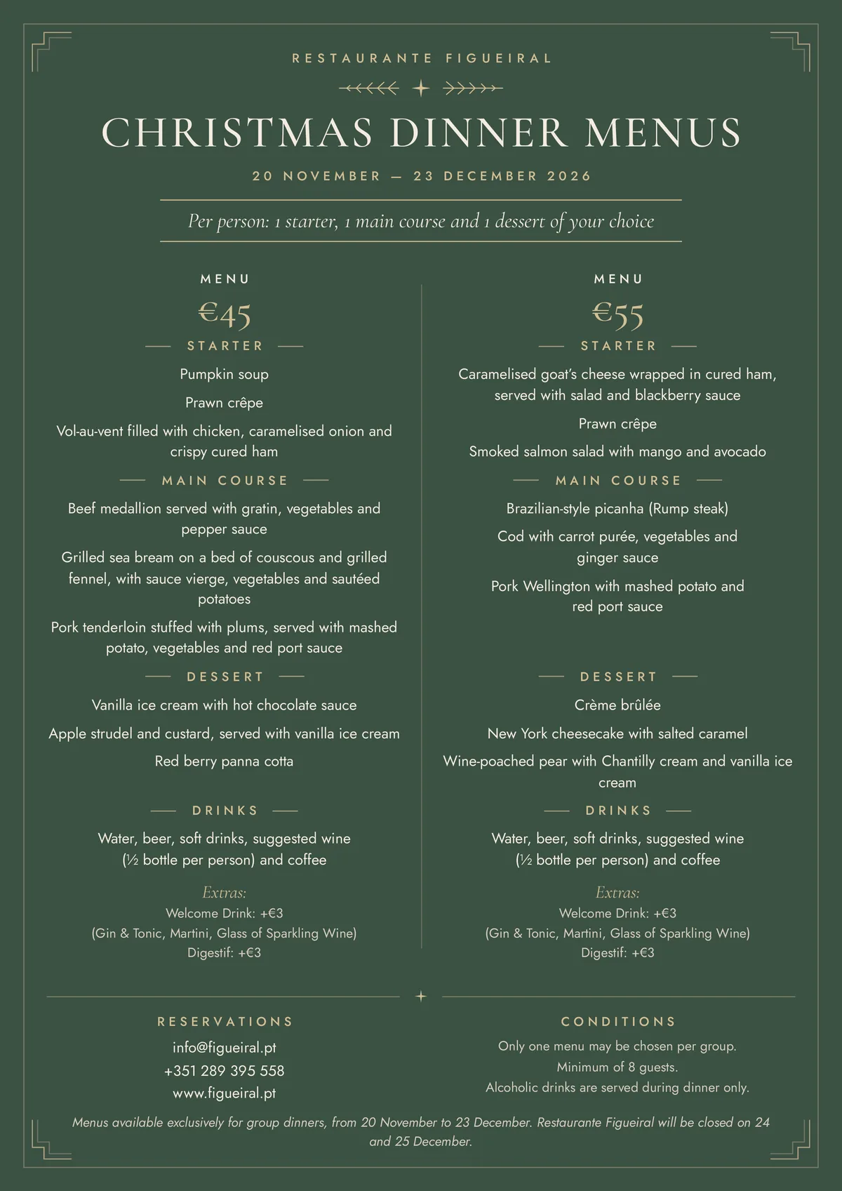 Christmas group dinner menu 2026 at Restaurante Figueiral