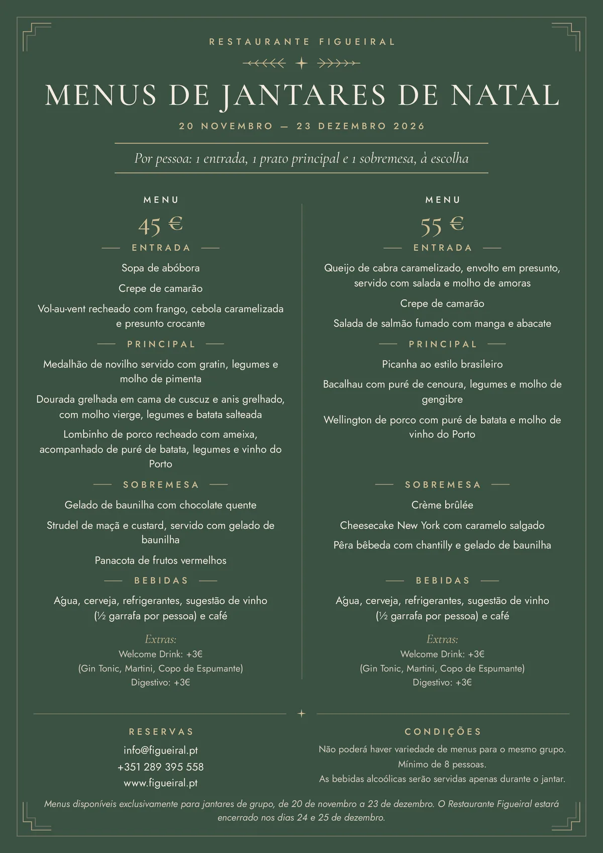 Menu dos jantares de Natal de grupo 2026 no Restaurante Figueiral