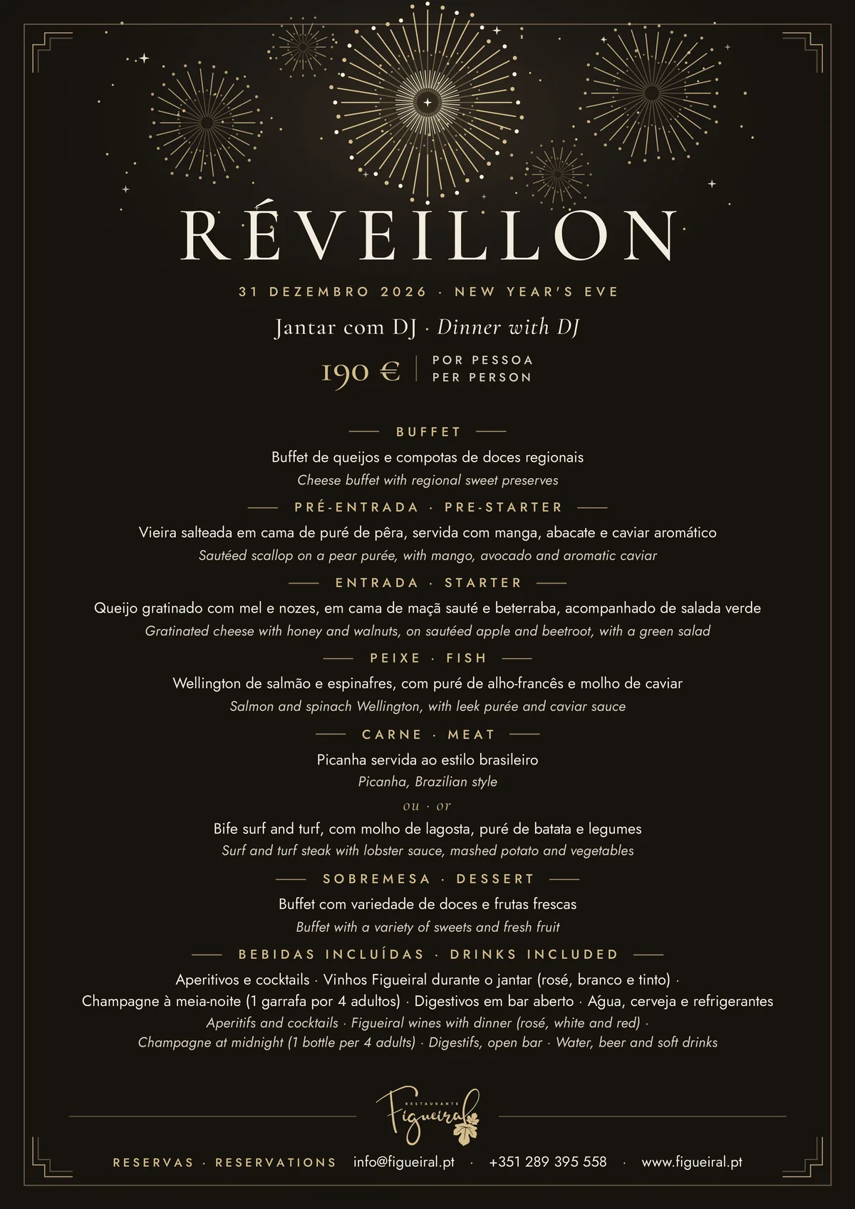 Menu de Réveillon 2026 no Restaurante Figueiral