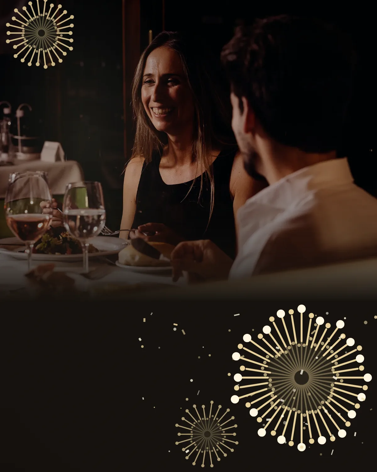 Jantar no Restaurante Figueiral com fogo-de-artifício dourado