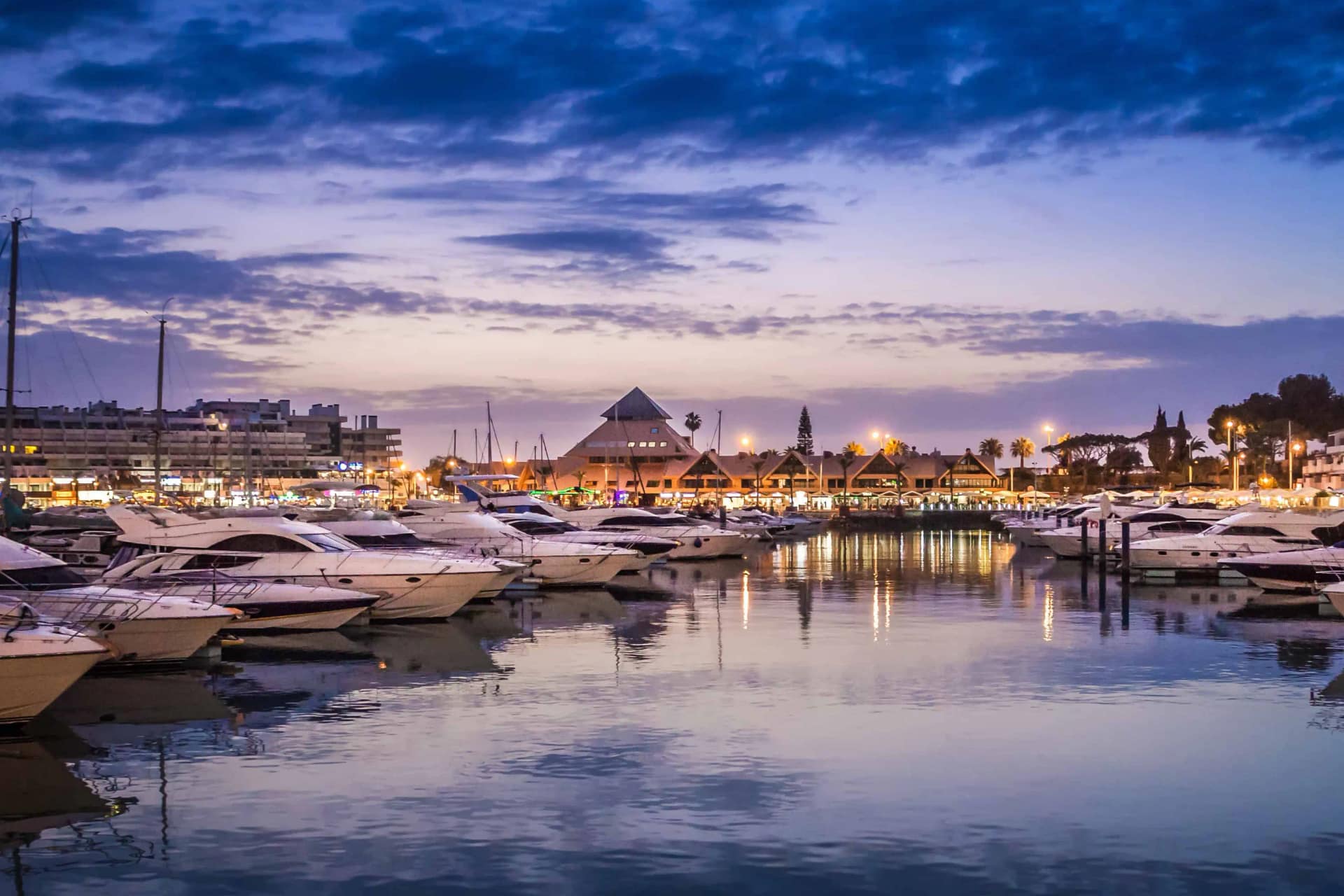 Vilamoura marina at dusk, near Restaurante Figueiral in Almancil.